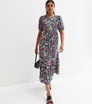 New Look Pink Floral Tiered Puff Sleeve Midi Dress
